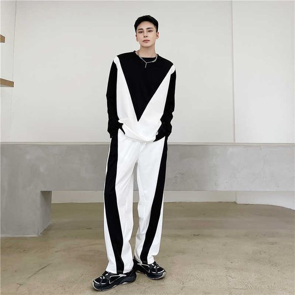 Noir blanc épissure ensembles hommes Harajuku Streetwear mode décontracté sport à manches longues T-shirt pantalon survêtement homme haut pantalons de survêtement X0909