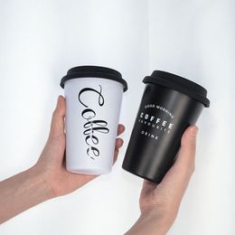 Noir Blanc En Acier Inoxydable Silicone Tasses Tumbler Café Main Tasse avec Paille Couvercle Tasse Manches Tasse Thé Lait Tasses Maison Bureau École Cadeau