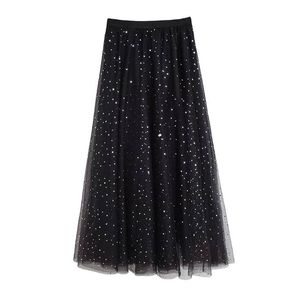 Zwart Wit Star Polka Dot Stamping Mesh Mid-Calf Skirt Empire Summer Casual S0133 210514