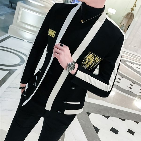 Noir Blanc Stripe Blazer Avec Or Broderie Slim Fit Costumes De Scène Pour Chanteurs Hommes De Mariage De Bal chaqueta de vestir hombre 201104