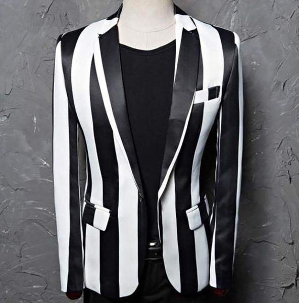 Veste de blazer à rayures blanches noires hommes marques un bouton slim club bar costume veste veste mâle de rock and roll costumes6869140