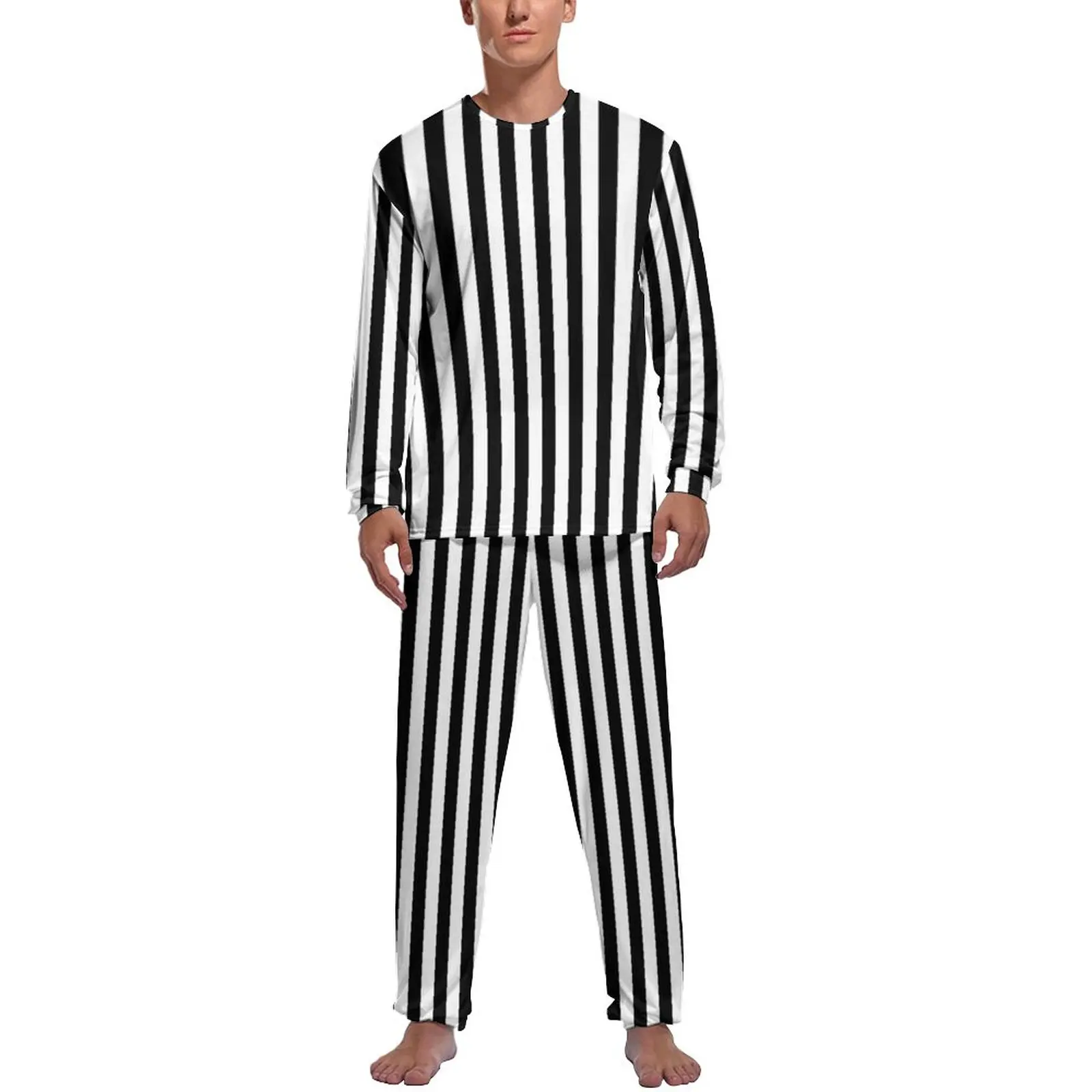 Black White Striped Pajamas Daily 2 Piece Vertical Lines Print Elegant Pajamas Set Man Long Sleeve Bedroom Custom Nightwear