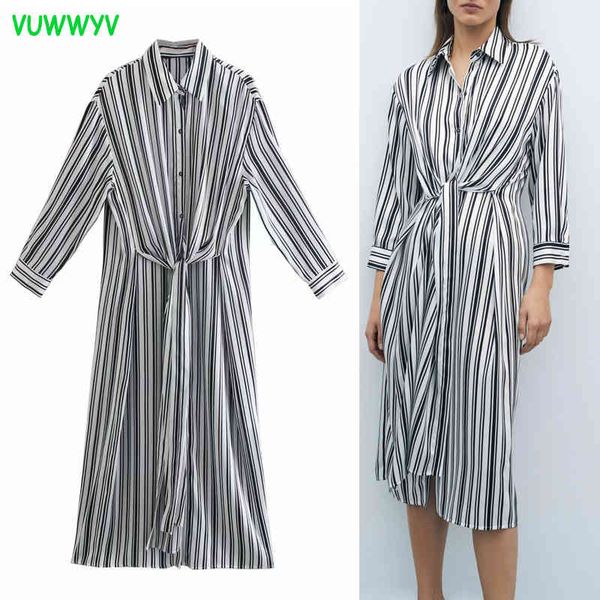 Noir Blanc Chemise à rayures Robe Femmes Spring Casual Bouton Casual Up Femme À Manches longues Mode Front Knot Midi Vestidos 210430