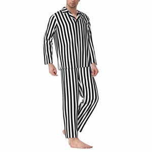 Noir Blanc Rayé Pyjamas Printemps Lignes verticales Imprimer Casual Surdimensionné Pyjamas Ensemble Homme Lg Manches Fi Accueil Costume w1X5 #
