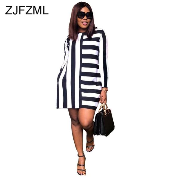 Black White Stripes Tize Tamise Vestido Mujeres Cuello redondo Manga larga Mini Causal Vestido Otoño 2019 Vestido cortos sueltos2979079