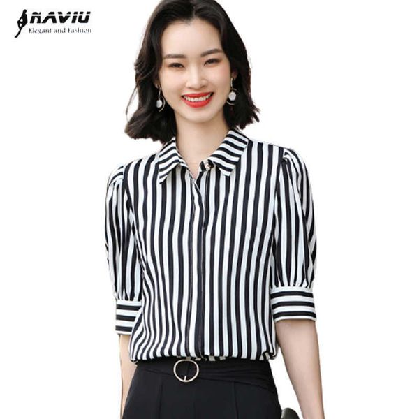 Noir blanc rayures chemise femmes tempérament formel mode été demi manches en mousseline de soie Blouses bureau dames travail hauts 210604