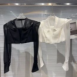 Zwart wit dunne zonnebrandpak kort jas schouderkussen mesh blazers voor vrouwen jas crop top chaquetas blazer feminino 240417