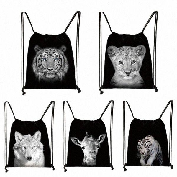 Animaux sauvages blancs noirs Imprimé sac à cordon Men Sacs de rangement garçons Tiger Li Wolf Bagure de voyage adolescent 35x55cm T7KT #