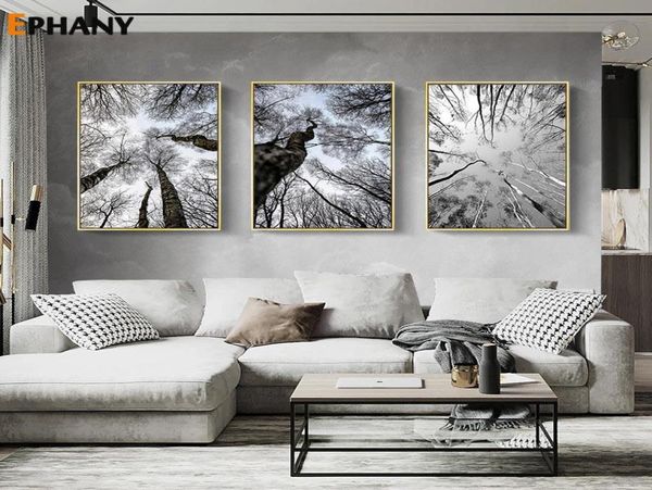 Toile de peinture de forêt d'hiver en noir et blanc, image de paysage naturel, Art mural, affiche scandinave, décor de paysage minimaliste nordique Pa5941684