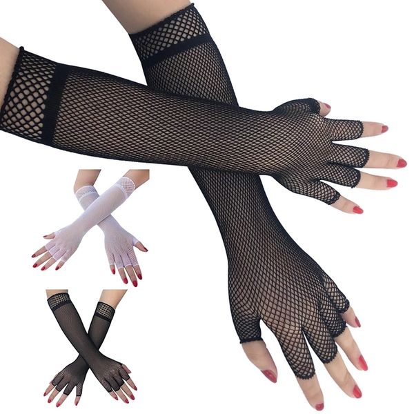 Noir blanc femmes Sexy résille coude gants évider mode Punk Goth dame Disco danse Costume demi-doigt maille gants