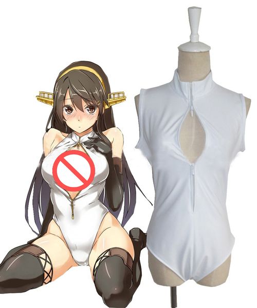 Maillot de bain une pièce, noir et blanc, fermeture éclair, buste ouvert, Sexy pour femmes, coupe haute, justaucorps, Costumes de Cosplay Anime japonais