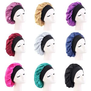 Noir large bande élastique Satin sommeil nuit bonnet de chimio couleur unie soin des cheveux Bonnet bonnet de nuit pour femmes hommes unisexe