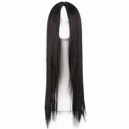 Zwarte pruik Fei-Show synthetisch hittebestendig lang recht middendeel lijn kostuum cosplay haar 26 inch salon feest haarstukjes 240116