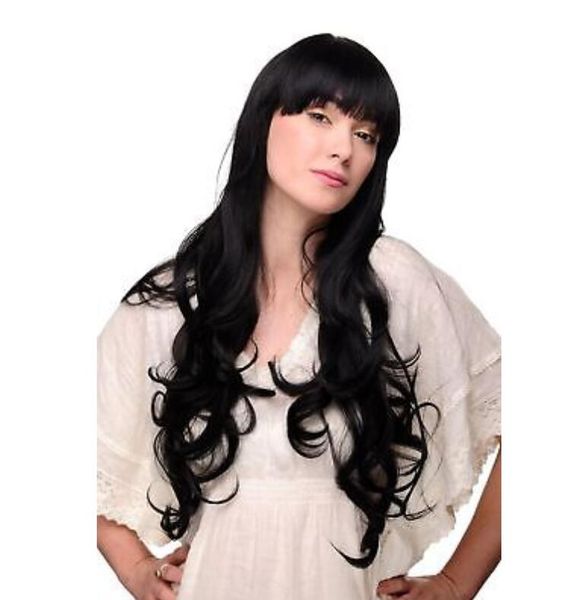 Perruque Noire Perruque Femme Très Longue Frange Cheveux Ondulés