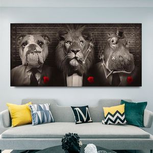 Lion sauvage noir dans un costume peintures sur toile Lion abstrait fumant un cigare affiches et impressions mur Art photo pour la décoration de la maison