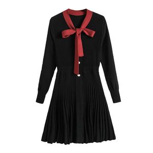 Noir vin rouge nœud col à lacets bouton perle à manches longues tricoté ajusté et évasé courte Mini robe automne D1392 210514