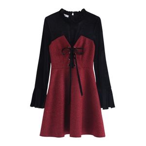 Zwarte wijn rode fluwelen patchwork lace-up stand kraag flare lange mouw mini jurk herfst lente elegante D1028 210514