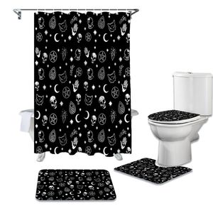 Noir Sorcière Crâne Lune Divination Étanche Rideau De Douche Tapis Ensemble Antidérapant Tapis De Bain Toliet Couverture Salle De Bains Rideaux De Douche 210402