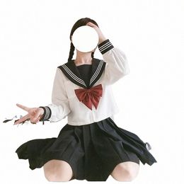zwart met 3 witte lijnen Japans studentenuniform JK Uniform pak lg matrozenpakje met korte mouwen geplooide lolita rok klasse pak q1Ln #