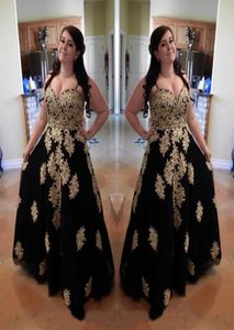 Zwart met gouden kanten applique plus size prom avondjurken speciale ocassion jurken jurken lieverd een lijn tule corset back sd4559526