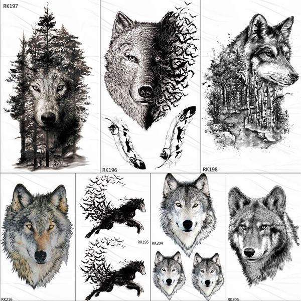 Tatuajes de plumas de bosque de lobo negro, pegatina temporal de árbol, tatuaje falso de Animal feroz para arte corporal para hombres, tatuajes personalizados