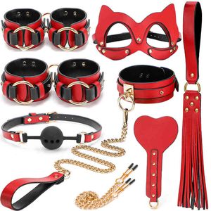 Black Wolf Red Upscale lederen terughoudendheid Cosplay Bondage Set SM Handboeien Gag zweep Tepelklemmen Spellen voor volwassenen