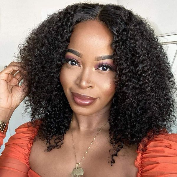 Femme noire Afro bouclés U Part perruque perruque de cheveux humains brésilien vierge V partie perruque 150 % densité 14 pouces nouveautés Lace Front perruque HD sans couture