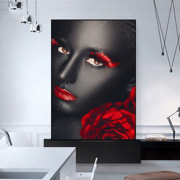 Femme noire lèvres rouges affiches et impressions toile peinture Style nordique abstrait Portrait photo mur Art pour salon pas de cadre