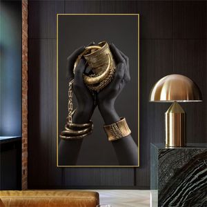 Toile imprimée à la main de femme noire, peinture de bijoux en or, affiches et imprimés Cuadros, images d'art mural africain, décoration de la maison Mu3171