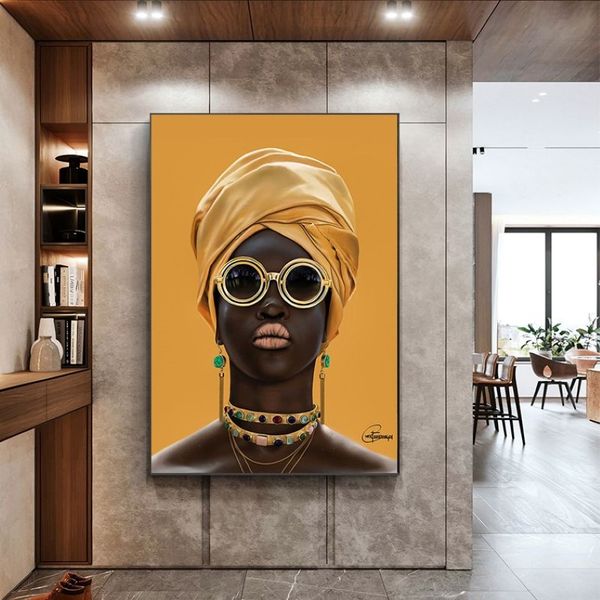 Mujer negra con gafas de sol pintando en la pared decoración moderna de arte de la pared de la pared de la pared de la mujer amarillo póster africano232u