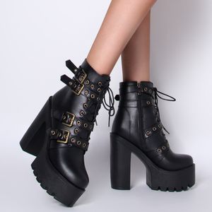 Zwarte vrouwen enkel laarzen platform veter 13 cm hoge hakken korte laars vrouwelijke buckle herfst winter sexy vrouw schoenen groot formaat