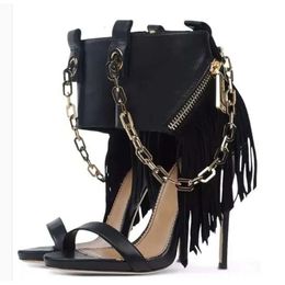 Black Women Fashion Leather Gold Chain Design Gladiator Ankle Wrap Tassels High Heel Sandals Knight E6f
