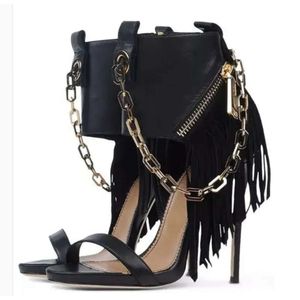 Black Women Fashion Leather Gold Chain Design Gladiator Ankle Wrap Sandals High Heel Sandals Knight 2A5