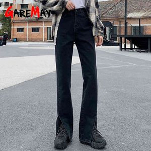 Zwarte vrouwen jeans flare broek spleet been lente hoge taille klok bodem kleding demin sneed mode volledige lengte 210428