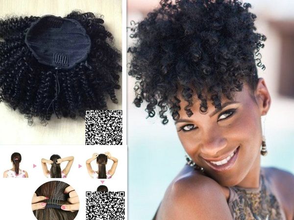 Court Haute Queue De Cheval Afro Puff Bouclés Queue De Cheval Extension De Cheveux Brun Foncé Indien Vierge Cheveux Cordon Queue De Cheval Pour Les Femmes Noires 100g