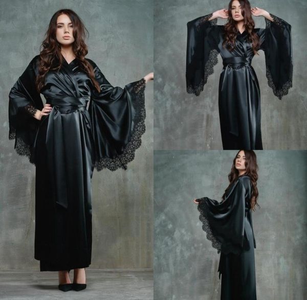 Femmes noires Robe de nuit peignoir de mariage mariée robes de demoiselle d'honneur en soie Satin dentelle vêtements de nuit pyjamas longues lingeries fête de mariée Showe7606452