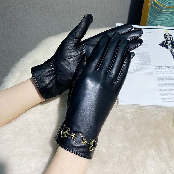 Guantes negros de diseñador para mujer 100% piel de oveja auténtica Talla M L Unidad de muñeca para invierno Pantalla táctil acolchada y gruesa A prueba de viento