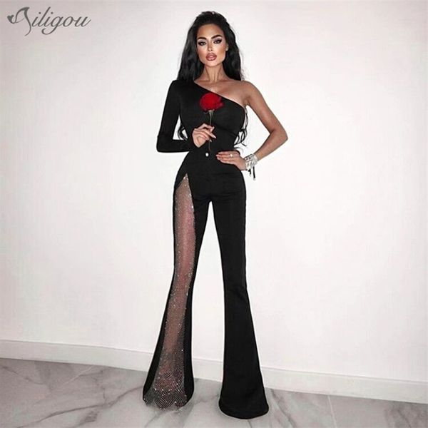 Noir femmes une épaule à manches longues Bandage combinaison diamant Sexy creux maigre célébrité fête Vestidos 210525