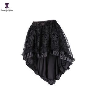 Zwart Dames Victoriaanse Asymmetrische Gepareerd Satijn Kant Trim Gothic Rokken Vintage Corset Steampunk Rok Cosplay Kostuums 937 # 210309