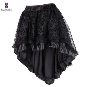Zwarte Dames Victoriaanse Asymmetrische Gepareerd Satijn Kant Trim Gothic Rokken Vintage Corset Steampunk Rok Cosplay Kostuums 937 # 210621