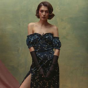 Black Women Summer Floral Off Shoulder Puff Sleeve Maxi Dress Famale Robe Sexy Lace Up Side Split Chic Mid-Calf Aesthetic Dress