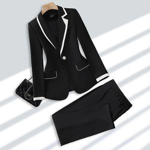 Zwarte dames formele paksets patchwork jas en broek casual broekpak kantoor balzer 2-delige vrouwelijke outfits ropa de mujer 240326