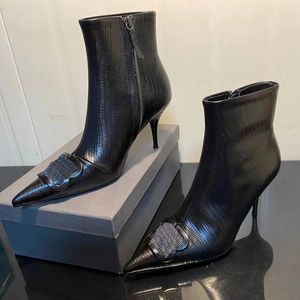 Zwarte dames stiletto hiel mode laarzen muildieren hagedis echt leer puntige tenen zip enkel laarzen luxe designer fabrieksschoenen