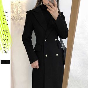 Manteau en laine noire pour femmes, long au-dessus du genou, manteaux épais d'hiver 210608