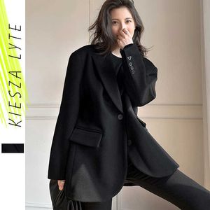 Zwart wollen pakjack voor vrouwen herfst winter vintage casual losse zware wolpakken blazer uitloper 210608