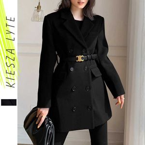 Blazer en laine noire pour femme Midi Winter Hepburn Style épais Slim Double boutonnage Ceinture Veste de costume en laine 210608