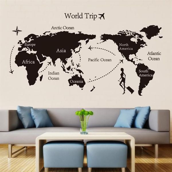 Black World World Trip Map Pegatinas de pared de vinilo para niños Decoración del hogar Decoración de la oficina Decisión de arte de la sala 3D Decoración del dormitorio249p