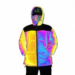 Negro Amarillo Patchwork Chaqueta reflectante colorida Abrigo de invierno Hombres Mujeres Fi Noche Refleja la luz Abrigo Hombre H8AU #