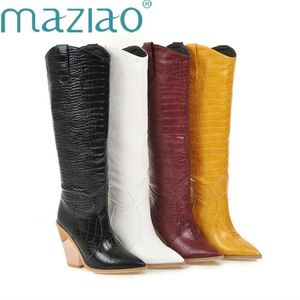 Zwarte geel witte knie hoge laarzen westelijke cowboy voor vrouwen lange winter puntige teen cowgirl wiggen motorfiets 210911