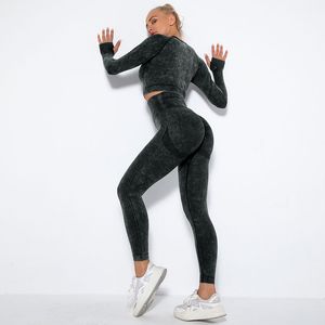 Pantalones de yoga negros Trajes Conjunto de yoga para mujeres Leggings sin costuras Ropa de entrenamiento de manga larga Trajes deportivos femeninos Ropa para exteriores Ropa deportiva para mujeres Ropa deportiva para niñas